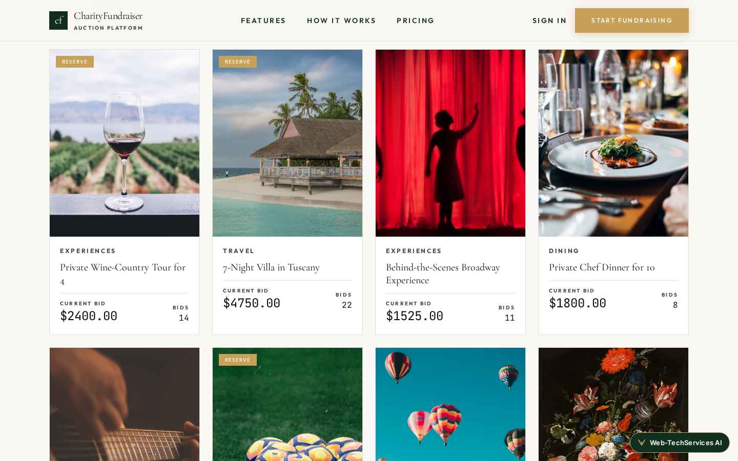 Desktop · Item grid with live bid counts