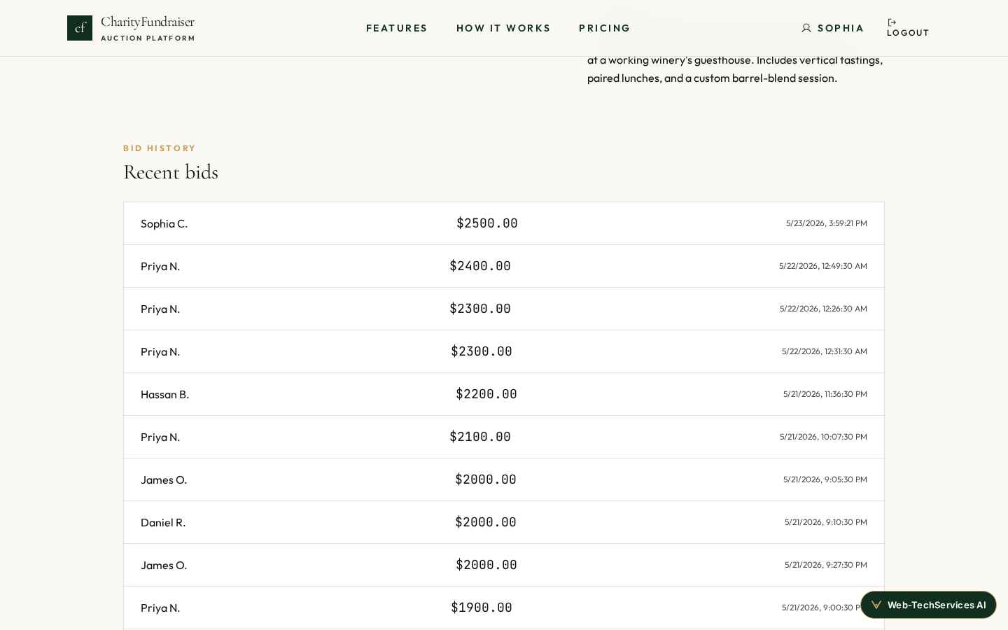 Donors bid from their phone · anti-snipe + outbid SMS