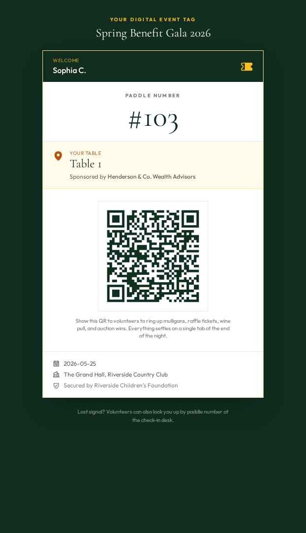 Guest's phone · Paddle #103, Table 1 (Henderson & Co.)