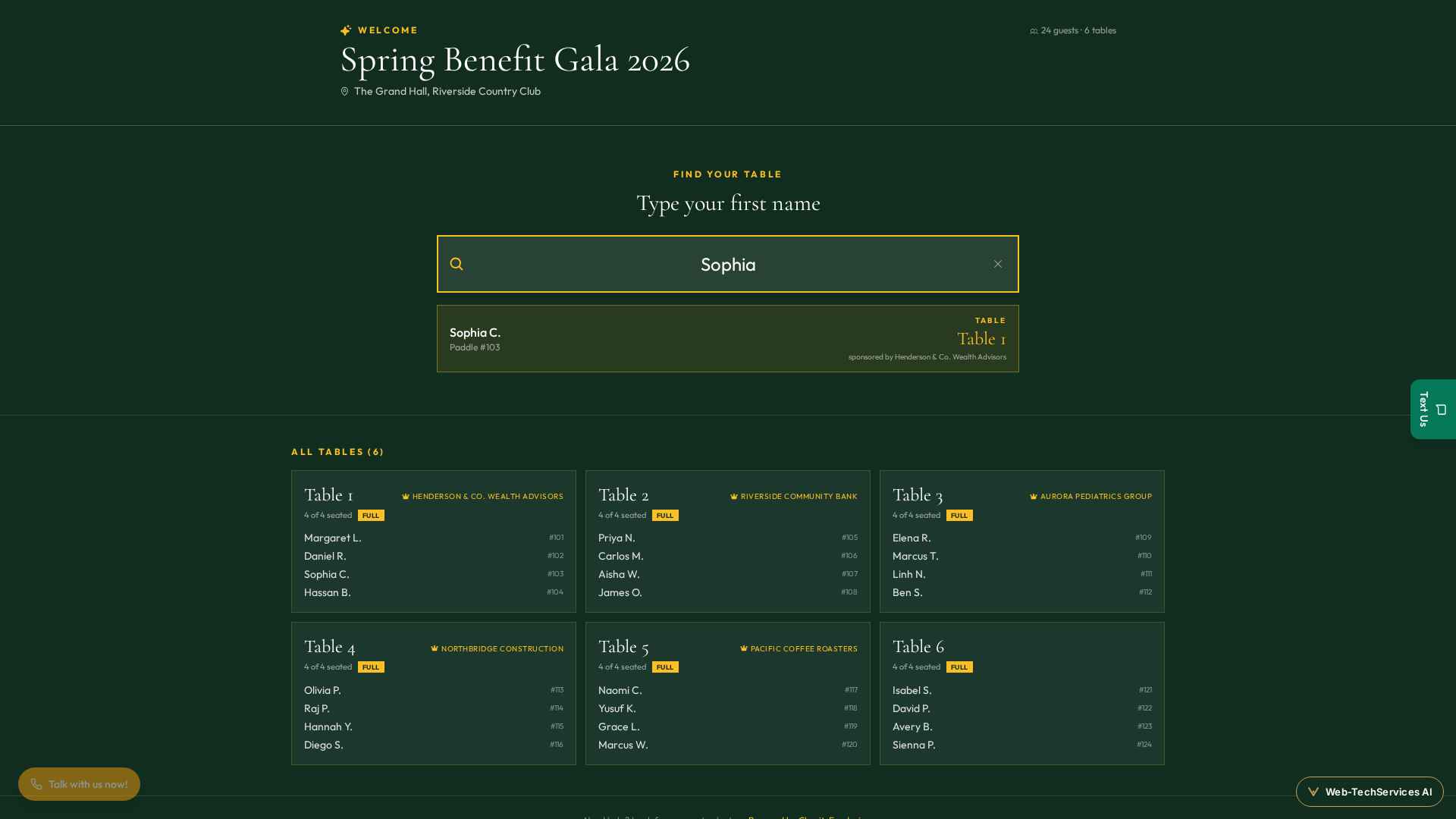 Lobby kiosk · Type your first name → table highlights